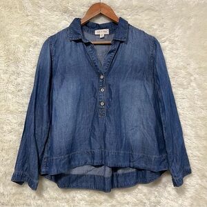 Anthropologie Cloth & Stone Chambray Tencel Lyocell Popover Long Sleeve v-neck